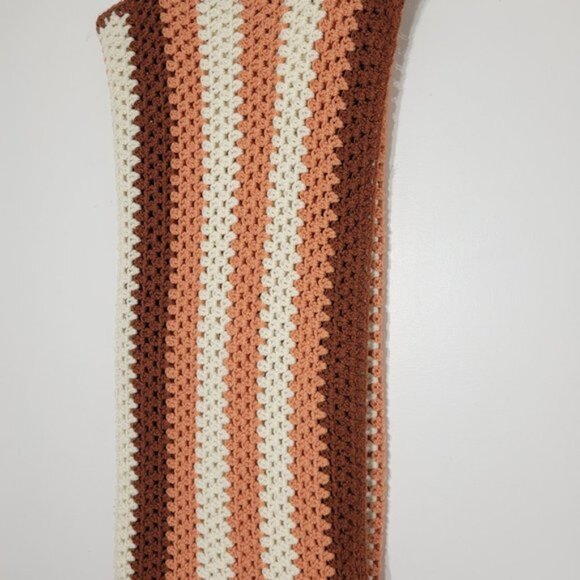 Handmade Crochet Afghan Throw Blanket Multicolored Striped Brown White Orange - Picture 2 of 10